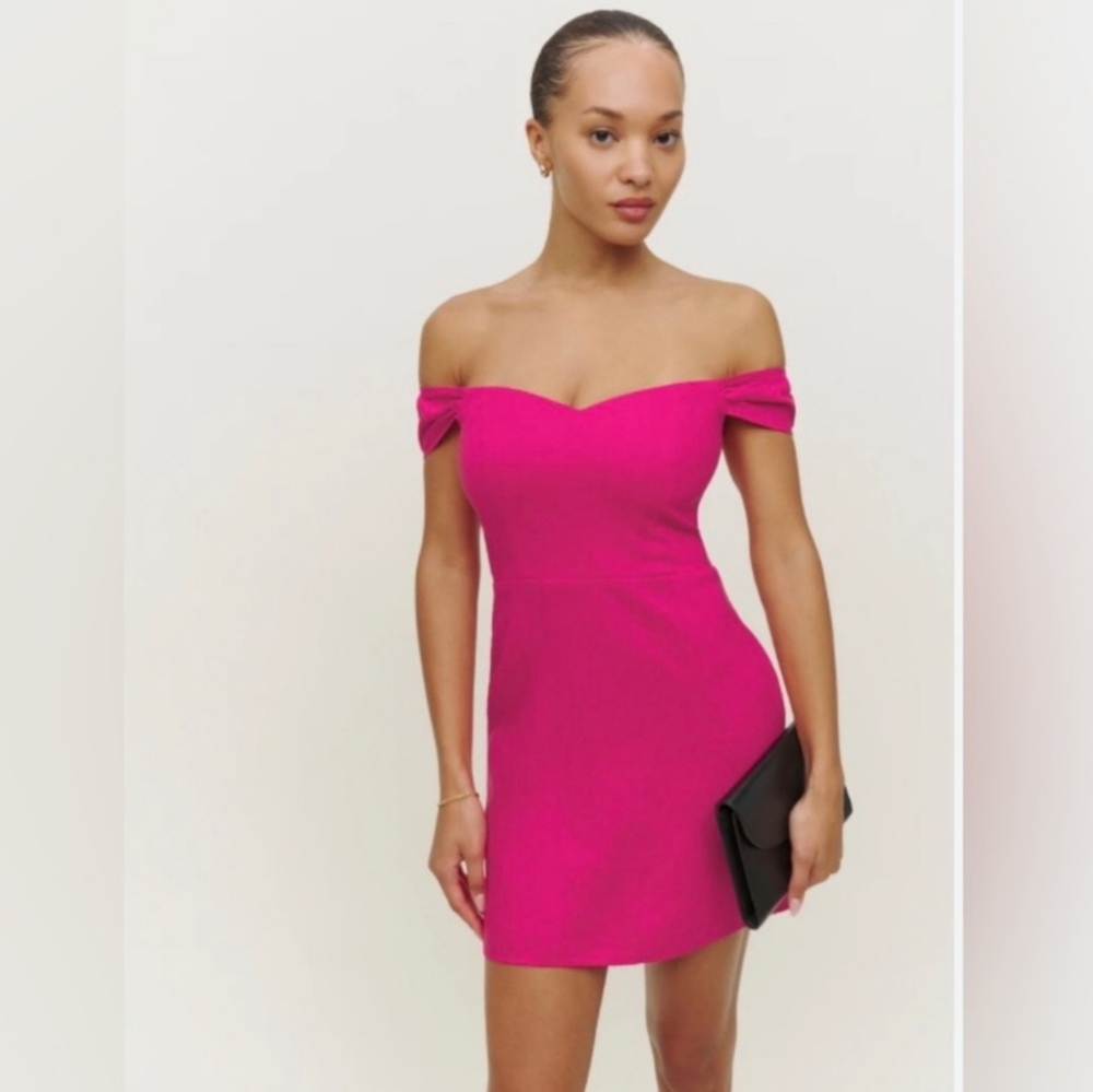 REFORMATION GAVINA LINEN DRESS OFF THE SHOULDER